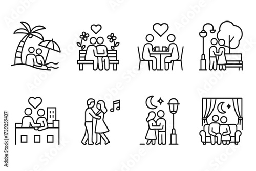 Romantic Icons Collection. Outline icon set of flirt romantic places: beach, garden, cafe, park, rooftop, dance hall, moonlit street, cozy room. Line icons in