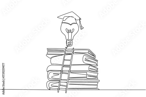 Single one line drawing lightbulb with toga floats above pile of thick books and ladder. Raising level of thinking for graduation. National Creativity Day. Continuous line design graphic illustration