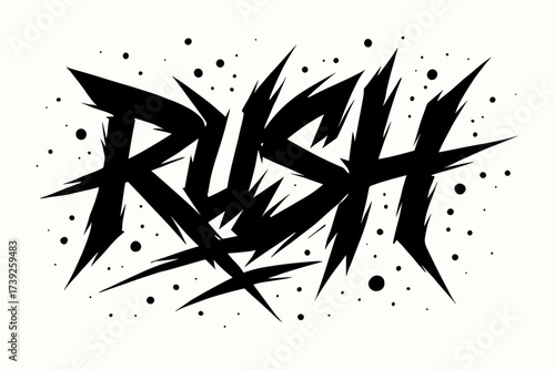 Rush Graffiti Art. Rush, graffiti lettering, jagged fast strokes, surrounded by paint drops, horizontal balanced layout, clean white background, vector look,