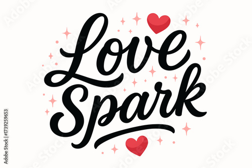 Love Spark Typography. Love Spark, modern hand lettering, smooth curves, balanced composition, clear readable letters, consistent style, surrounded by glowing