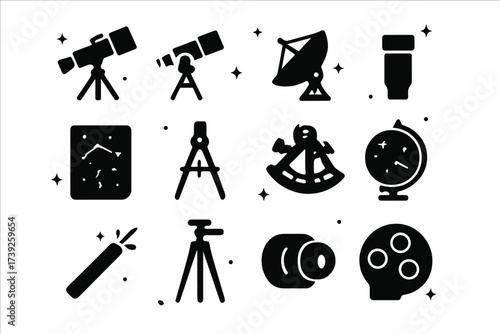 Astronomy Tools Icons. Astronomy tools. Solid icons set of refracting telescope, reflecting telescope, radio telescope, eyepiece, star chart, compass, sextant,