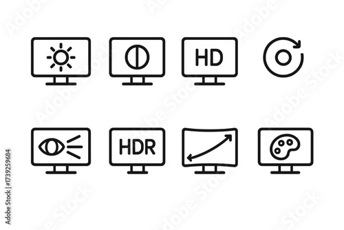 Monitor Icon Set. Outline icon set of monitor features: brightness control, contrast adjustment, resolution, refresh rate, blue light filter, HDR support,