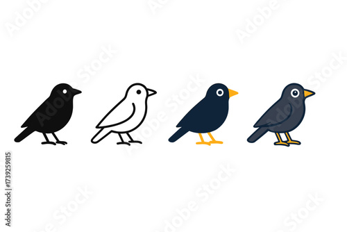 Blackbird Icon Styles. Vector icon blackbird same pose same proportions four styles black solid glyph outline minimal flat multicolor filled cartoon flat