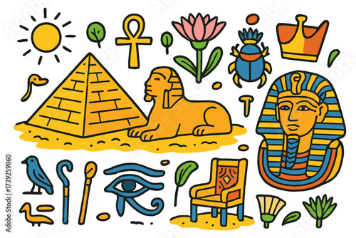 Ancient Egypt Icons. Ancient Egypt. Colorful Hand-drawn doodle Children illustration pyramid, sphinx, pharaoh mask, ankh, scarab beetle, lotus, eye of Horus,