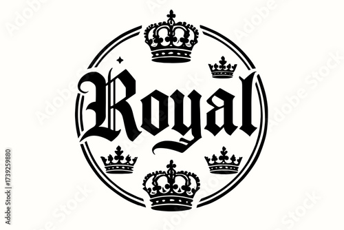 Regal Gothic Lettering. Royal, gothic medieval lettering, regal heavy tone, surrounded by crowns, circular frame composition, clean white background, vector