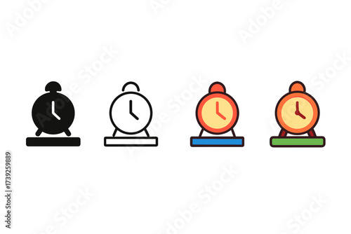 Diverse Clock Icons. Vector icon clock classroom same pose same proportions four styles black solid glyph outline minimal flat multicolor filled cartoon flat