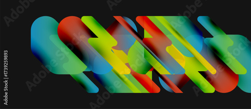 Abstract colorful shapes overlap, creating dynamic visual composition. Bright hues contrast against dark background. Modern design element.