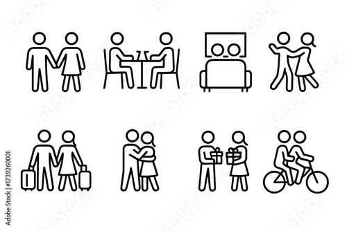 Couple Activity Icons. Outline icon set of couple activities: walking hand in hand, dining together, watching movie, dancing, traveling, hugging, holding