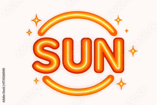 Retro Neon Sun. Sun, retro neon lettering, glowing bold curves, surrounded by star sparkles, horizontal balanced layout, clean white background, vector look,