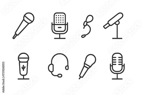Microphone Outline Icons. Outline icon set of microphone types: handheld microphone, condenser microphone, lavalier mic, shotgun microphone, USB microphone,