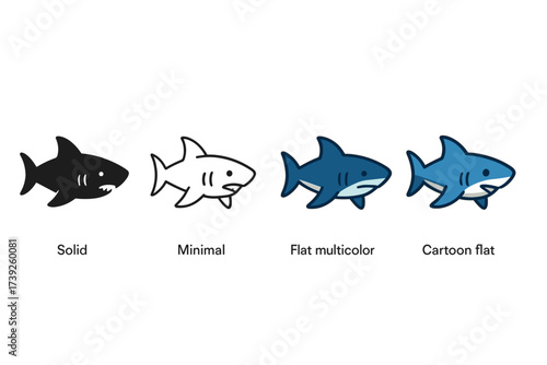 Shark Icon Styles. Vector icon shark swimming same pose same proportions four styles black solid glyph outline minimal flat multicolor filled cartoon flat