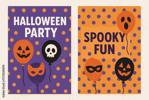 Halloween Party Banners. Two vertical A6 banners, flat vector design, purple and orange polka dot backgrounds, fun halloween party theme, balloons and masks,
