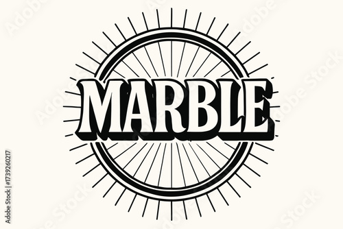 Retro Marble Poster. Marble, retro poster lettering, polished bold curves, surrounded by rays, circular frame composition, clean white background, vector look,