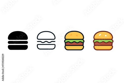 Stylized Hamburger Icons. Vector icon hamburger same pose same proportions four styles black solid glyph outline minimal flat multicolor filled cartoon flat
