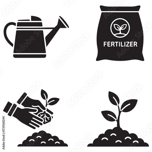 Gardening and Plant Care Icons Set with Watering Can, Fertilizer, Planting Hands, and Growing Sprout
