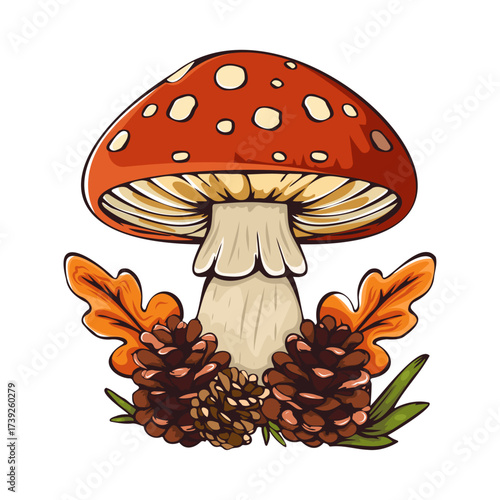 Vibrant illustration of a red mushroom with white spots, surrounded by autumn elements