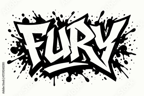 Fury Graffiti Art. Fury, graffiti lettering, jagged rough tone, surrounded by splashes, horizontal balanced layout, clean white background, vector look, high