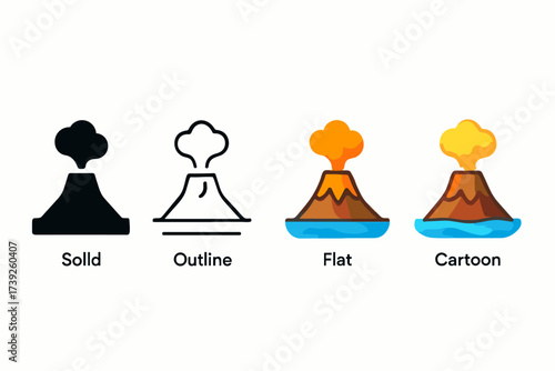 Volcanic Island Icons. Vector icon volcanic island with smoke same pose same proportions four styles black solid glyph outline minimal flat multicolor filled