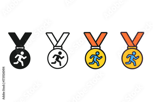 Marathon Medal Icons. Vector icon running marathon medal same pose same proportions four styles black solid glyph outline minimal flat multicolor filled