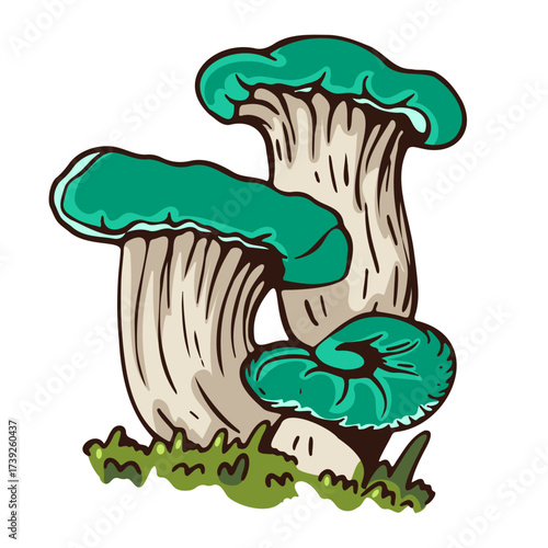 Illustration of vibrant green mushrooms with detailed shading and a whimsical style
