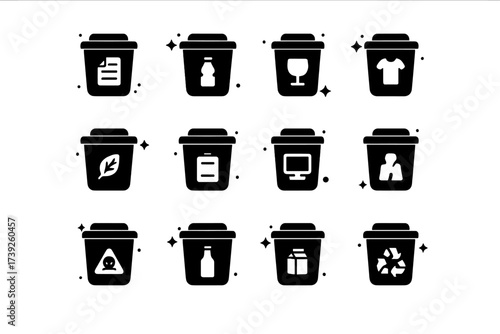 Recycling Icons Grid. Recycling bins. Solid icons set of recycling bins: paper bin, plastic bin, glass bin, metal bin, compost bin, battery bin, e-waste bin,
