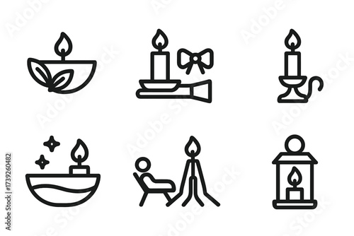 Candle Icon Set. Outline icon set of candle uses: aromatherapy, decoration, emergency light, ceremony, celebration, relaxation, prayer, ambiance. Line icons in