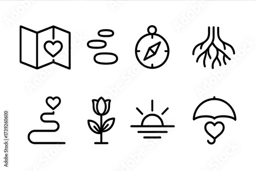 Soulmate Icon Journey. Outline icon set of soulmate journey: map with heart, stepping stones, compass, intertwined roots, pathway, blooming flower, sunrise,