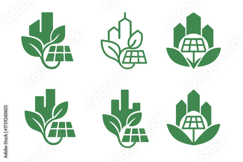 Urban Sustainability Logos. Urban sustainability strategies. Set Logo of urban sustainability strategies: urban renewable energy hub. harmonious logo