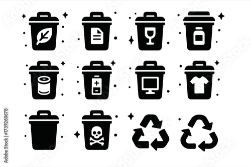 Eco Bins Icon Set. Eco bins. Solid icons set of eco bins: leaf compost bin, paper bin, glass bin, plastic bin, can bin, battery bin, e-waste bin, textile bin,