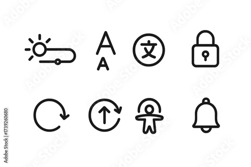 E-Reader Settings Icons. Outline icon set of e-reader settings: brightness slider, font style, language selector, parental control, accessibility, reset,