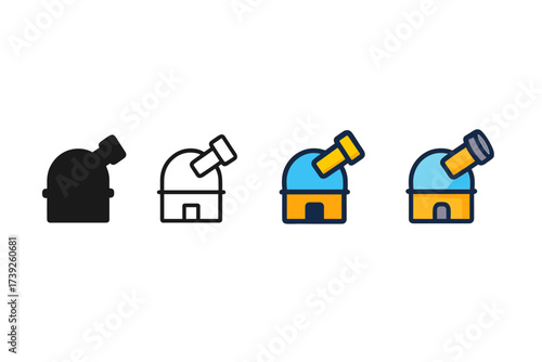 Four Telescope Icons. Vector icon telescope observatory same pose same proportions four styles black solid glyph outline minimal flat multicolor filled cartoon