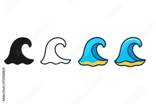 Stylized Surf Wave Icons. Vector icon surf wave same pose same proportions four styles black solid glyph outline minimal flat multicolor filled cartoon flat