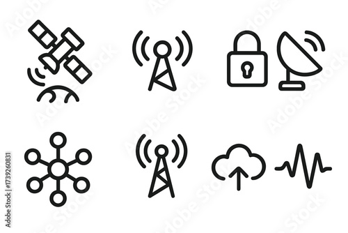 Electronic Warfare Icons. Outline icon set of electronic warfare communication: satellite link, radio transmission, encrypted channel, signal relay, network