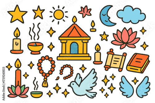 Doodle Sacred Icons. Sacred. Colorful Hand-drawn doodle Children illustration Sacred temple, altar, candle, incense, lotus, star, sun, moon, cloud, prayer