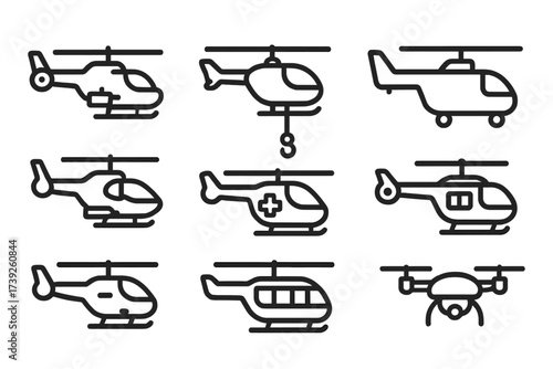 Helicopter Icon Set. Outline icon set of helicopter types: military helicopter, rescue helicopter, cargo helicopter, attack helicopter,