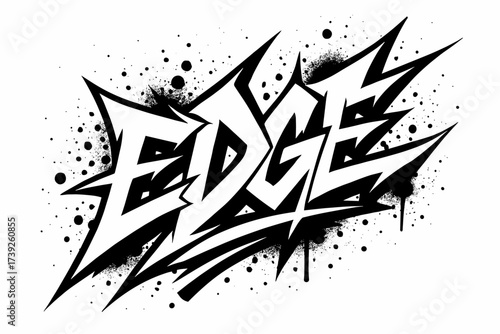 Aggressive Graffiti Edge. Edge, graffiti lettering, sharp aggressive lines, surrounded by splatters, diagonal decorative composition, clean white background,