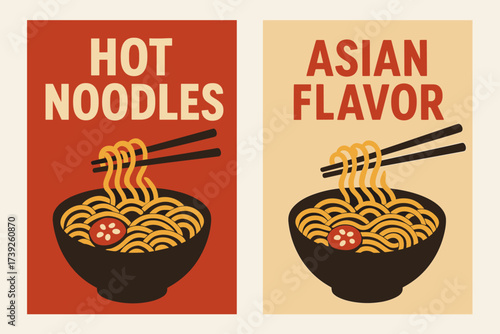 Asian Cuisine Banners. Two vertical A6 banners, flat vector design, red and beige backgrounds, noodle bowl with chopsticks, asian cuisine theme, first banner