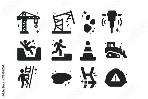Construction Safety Icons. Construction site risks. Solid icons set of crane, scaffolding collapse, falling debris, jackhammer noise, trench hazard,