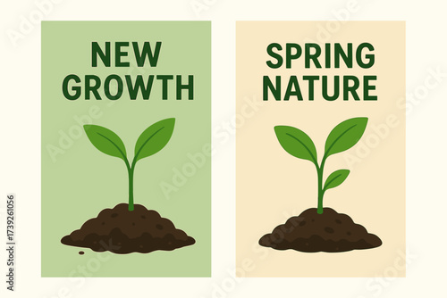 Spring Agriculture Banners. Two vertical A6 banners, flat vector design, soft green and beige backgrounds, seedlings growing in soil, spring agriculture, first