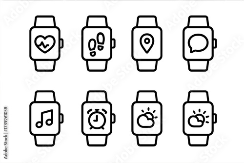 Smartwatch Features Icons. Outline icon set of smartwatch features: heart rate monitor, step counter, sleep tracker, GPS, notifications, music control, alarm