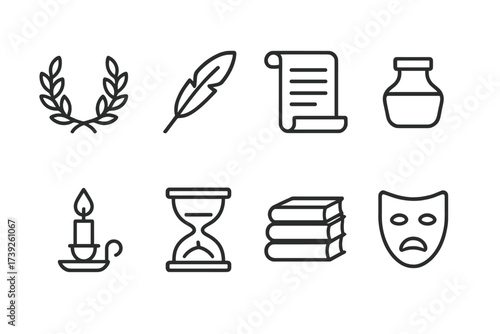 Classic Poetry Icons. Outline icon set of classic poetry symbols: laurel wreath, quill feather, scroll, ink pot, candle flame, hourglass, book stack, theater