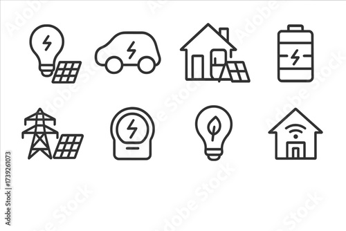 Power Bank Icon Set. Outline icon set of power bank types: portable power bank, solar power bank, wireless charging power bank, slim power bank, rugged power