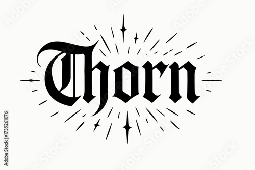 Gothic Thorn Calligraphy. Thorn, gothic calligraphy, sharp medieval curves, surrounded by sparks, horizontal balanced layout, clean white background, vector