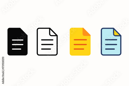 Diverse Document Icons. Vector icon paper document file same pose same proportions four styles black solid glyph outline minimal flat multicolor filled cartoon