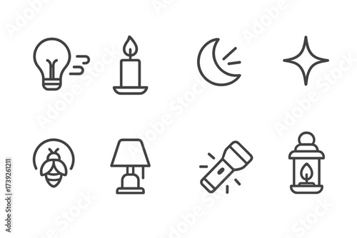 Quiet Night Icons. Outline icon set of quiet night sounds: soft wind, distant owl hoot, crickets chirping, rustling leaves, soft footsteps, whispering, calm