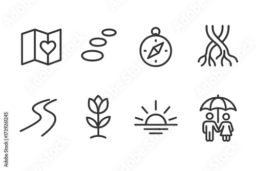 Soulmate Icon Journey. Outline icon set of soulmate journey: map with heart, stepping stones, compass, intertwined roots, pathway, blooming flower, sunrise,