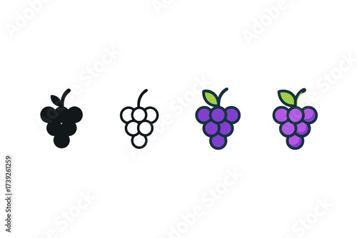 Grapes Icon Styles. Vector icon grapes bunch same pose same proportions four styles black solid glyph outline minimal flat multicolor filled cartoon flat