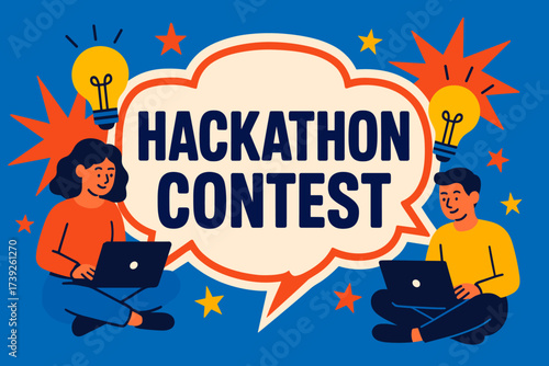 Vibrant Hackathon Banner. Hackathon Contest banner, flat vector illustration, bold oversized text inside sticker outline, cartoon characters sitting with
