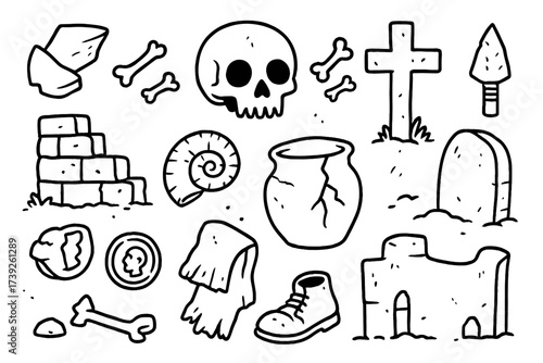 Ancient Remains Doodle. Remains. Hand-drawn doodle illustration remains broken pottery, scattered bones, skull, stone ruins, ancient coins, fossil, cracked
