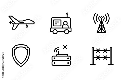 Military Equipment Icons. Outline icon set of military train tactical elements: reconnaissance drone, command center, radar dome, communications array,
